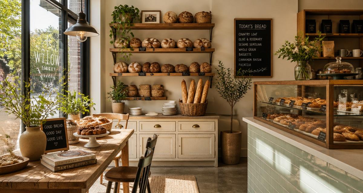 Warm, sunlit interior of the Kanaf bakery with open shelving and fresh bread