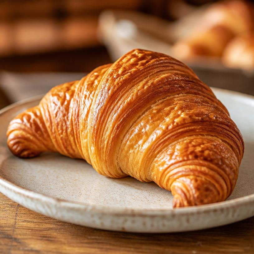 Golden honey-glazed croissant with delicate flaky layers on a ceramic plate