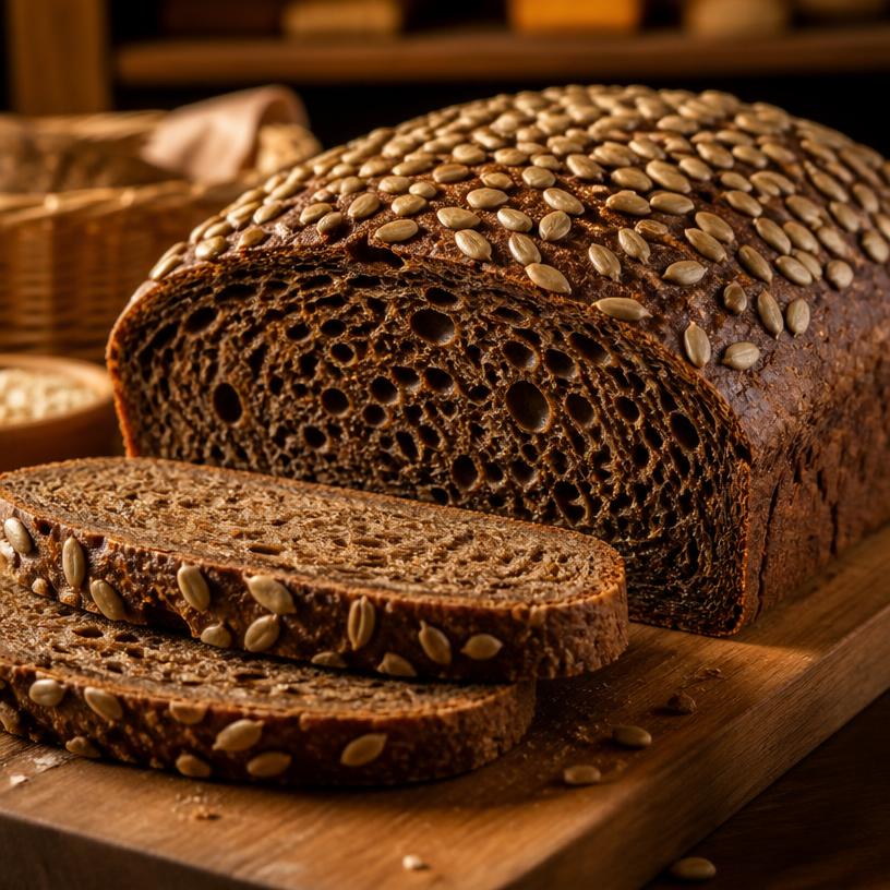 Sprouted dark rye loaf topped with sunflower seeds, sliced to show airy interior